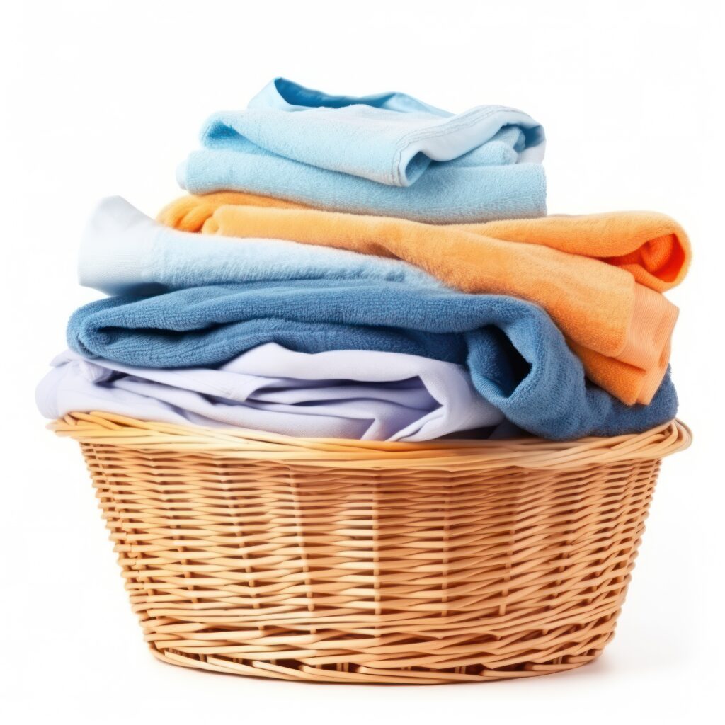 Wicker basket with clean laundry isolated.